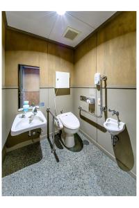 Yabu但馬長寿の郷　宿泊棟「夢」ロッジ的浴室配有卫生间、坐浴盆和盥洗盆。