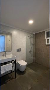 达特恰Gülhan City Otel的带淋浴、卫生间和盥洗盆的浴室
