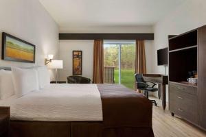 蒙马尼蒙马尼戴斯酒店的配有一张床、一张书桌和一扇窗户的酒店客房