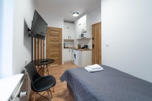 波兹南Apartamenty Słowackiego 16的一间卧室配有一张床、一张书桌和一台电视