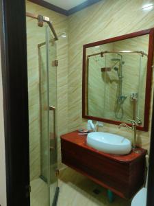 琅勃拉邦Lotus Corner - Vegan & Plant Based B&B的浴室配有盥洗盆和带镜子的淋浴