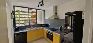 Bout de lʼÉtangL'Appart'Canon的厨房配有黄色橱柜和炉灶烤箱