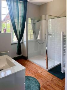 Room in Guest room - Les Chambres De Vilmorais - Verte Dutronc的带淋浴和盥洗盆的浴室