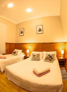 蓬塔阿雷纳斯Hotel Albatros的酒店客房设有两张床和两盏灯。