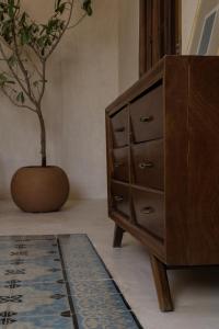 坎佩切Narrativ Lofts - Numen - Stylish Hideaway的木梳妆台,室内有盆栽植物