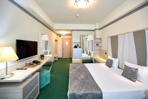 马马亚马里布酒店的配有一张床和一张书桌的酒店客房
