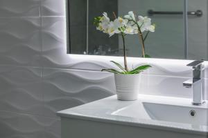 拉纳卡开拓者公寓式酒店的浴室水槽上白色花瓶