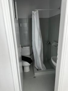 弗通Santorini Style Rooms的一间带卫生间和淋浴的小浴室