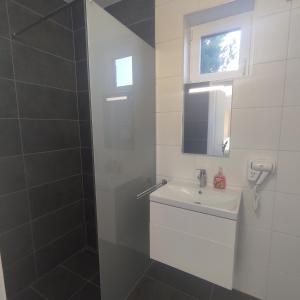 费尔特德Horváth Apartman的白色的浴室设有水槽和镜子