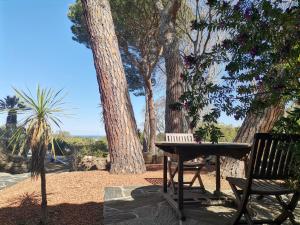 滨海阿热莱斯Mas Senyarich的一张野餐桌和几棵树旁的长凳