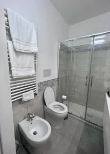 科森扎Casa Dei Cavalieri的浴室配有卫生间、淋浴和盥洗盆。