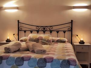 坎普罗东Can Manén的卧室配有一张带枕头和毯子的大床