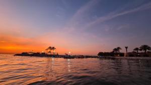 半月湾Mena Holiday Beach Resort Half Moon的棕榈树的海水上日落