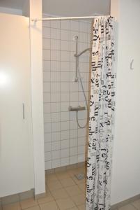 沃柏斯菲特兰德斯拜菲尔公寓式酒店的带淋浴和浴帘的浴室