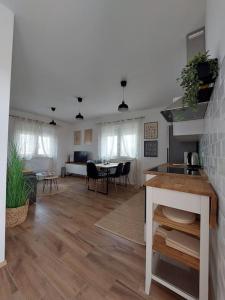 ŠtrigovaRuralna kuća za odmor Julijana的厨房以及带桌椅的起居室。