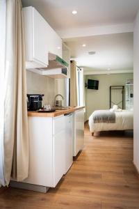 圣康坦L'Albatros 005 - Hypercentre * Cosy * Wifi的一个带水槽的厨房和一张位于客房内的床