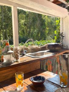 CelaNativo Natureza Pink Wood Cabin的带水槽的厨房台面和窗户