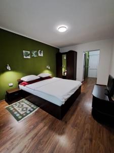 克尔茨什瓦拉乡Pensiunea Păstrăvul的一间卧室设有一张大床和绿色的墙壁