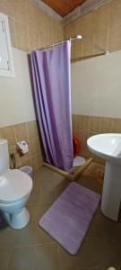 希马拉Mairymairy的浴室配有卫生间和紫色的浴帘