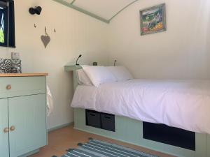 Staple CrossApple Orchard Shepherd Huts的一间卧室配有一张床和一个梳妆台