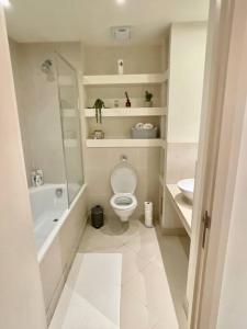 伦敦Entire 1 bed Apartment with private Balcony的白色的浴室设有卫生间和水槽。