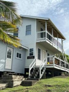 CarriacouBahari的一座带楼梯和棕榈树的大型白色房屋