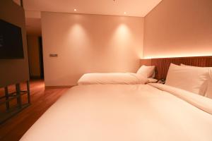 釜山Busan City Hotel的一间卧室配有两张床和一台平面电视