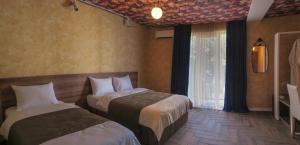 第比利斯Hotel BaniHills Tbilisi的酒店客房设有两张床和窗户。