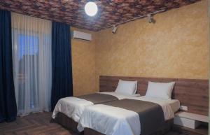 第比利斯Hotel BaniHills Tbilisi的一间卧室设有两张床和窗户。