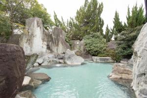 笛吹市平安日式旅馆的花园中一个岩石池
