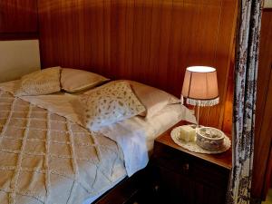 波维尔亚Mala oaza mira的一间卧室配有一张床和一张带台灯的桌子