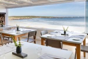 帕特诺斯特Paternoster Dunes Boutique Guesthouse的一间设有桌子的用餐室,享有海滩美景