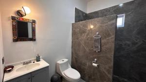 El CentenarioCasa Relax w/Pool & Rooftop Lounge的带淋浴、卫生间和盥洗盆的浴室