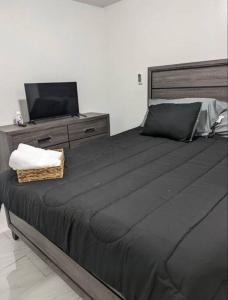 阿雷西博Family-Home-Workplace-Peace的一间卧室配有一张黑色大床和电视。