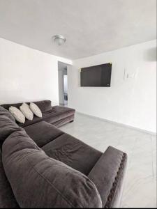 阿雷西博Family-Home-Workplace-Peace的客厅配有棕色沙发和平面电视