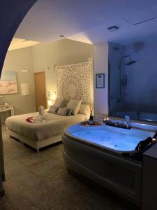 巴达霍斯Hotel Boutique Adealba Badajoz的卧室配有床和浴缸