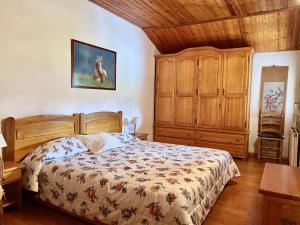 普奇塞达Piso Puigcerda vistas y piscina的一间卧室配有一张床和一个木制橱柜