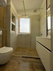 卡瓦亚Shehapi apartment的一间带卫生间和玻璃淋浴间的浴室