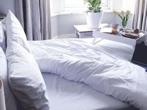 桑当Sea Proche的白色的床和白色的毯子