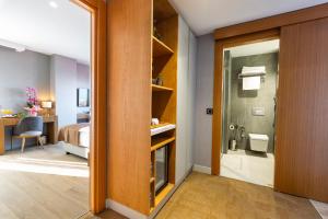 特拉布宗North Star Suite Hotel的客房设有带淋浴的浴室和卧室。