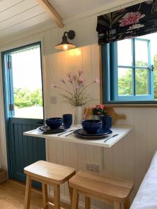 韦德布里奇St. Kew Shepherd Huts的一个小厨房,柜台上有两个蓝色碗