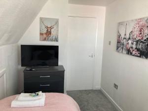 MaghullPark View House的一间卧室配有电视和一张粉色毯子床。