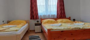 沃尼奥尔茨沃什海吉Balassa Családi Apartman的卧室设有两张单人床和红色窗帘