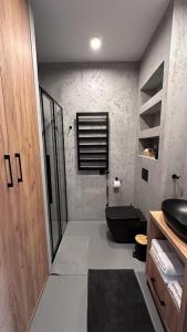 谢拉库夫Mana Lake的浴室设有黑色的卫生间和水槽。