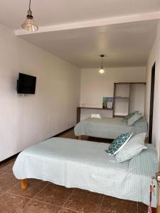 蒙泰韦尔德哥斯达黎加Monteverde Ecolodge的一间卧室设有两张床,墙上配有电视。