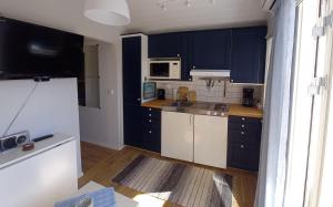 LyckeTofte Guesthouse nära hav, bad och Marstrand的厨房配有蓝色橱柜和白色冰箱