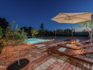 Donji ZemunikCharming holiday home with private pool的一个带遮阳伞和游泳池的庭院