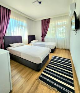 安塔利亚Asimado Hotel的酒店客房设有两张床和电视。