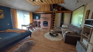 ToriTuka Talu Soomaa piirkonnas的客厅设有一张床和一个壁炉
