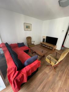 巴涅尔-德吕雄Maison hyper-centre Bagnères de Luchon的客厅配有红色的床和电视